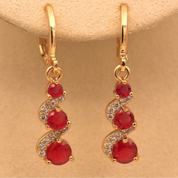 Vintage Swirl Round Red Stone Drop Dangle Earrings 14k Gold Plated - Picture 1 of 6